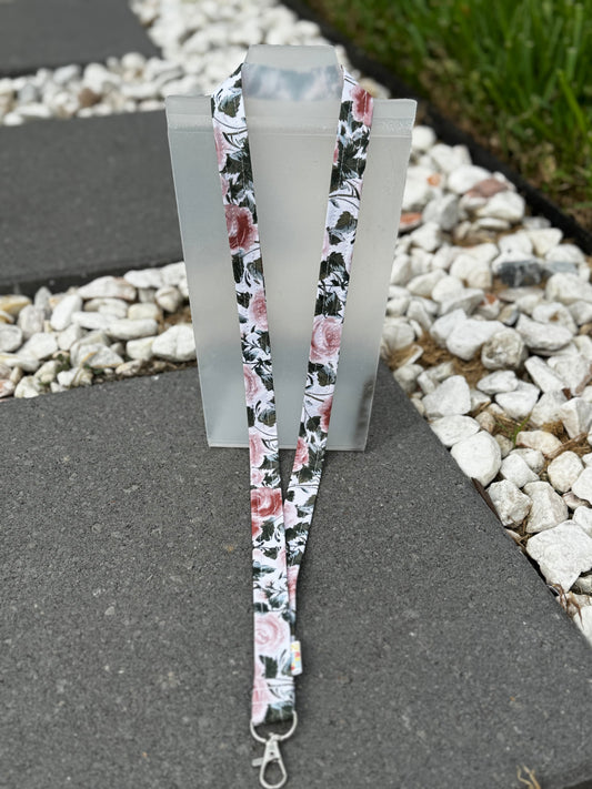 Pink Rose Floral Lanyard Keychain Badge ID Holder