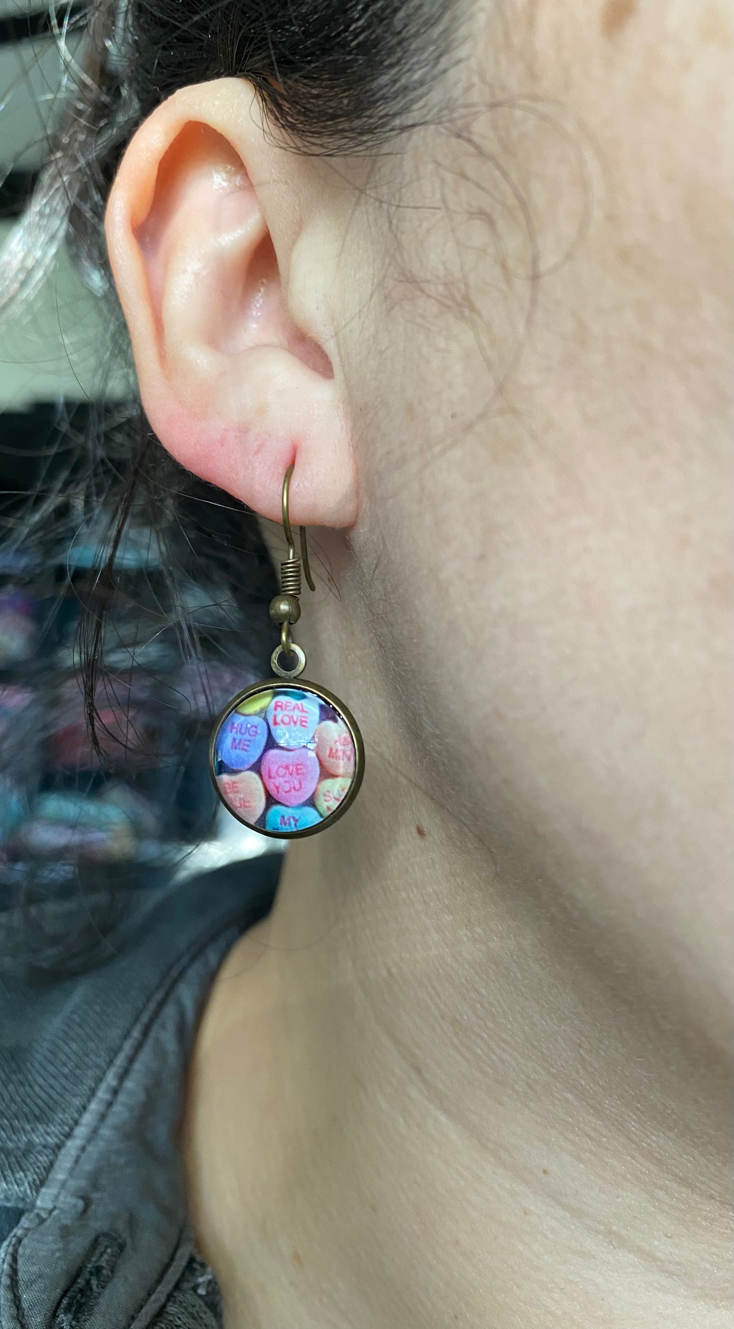 Conversation Valentine Hearts Bronze Dangle Earrings