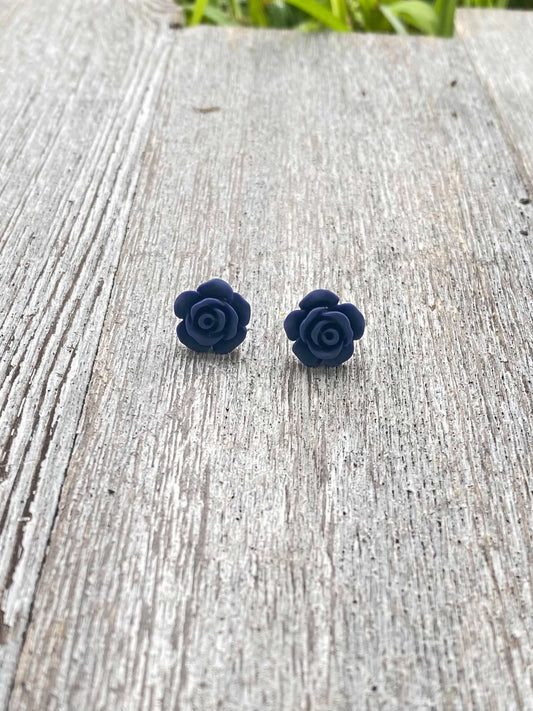 Navy Blue Rose Stud Earrings