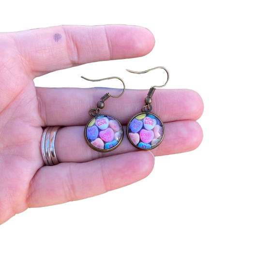 Conversation Valentine Hearts Bronze Dangle Earrings