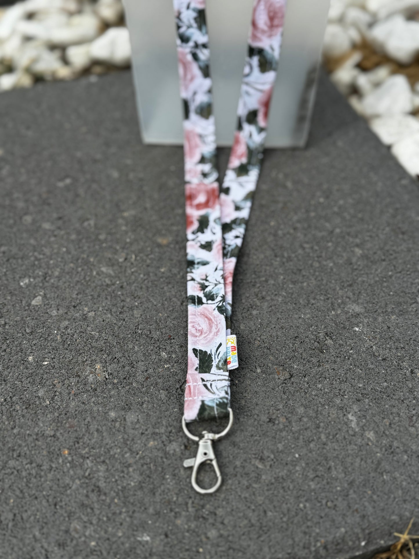 Pink Rose Floral Lanyard Keychain Badge ID Holder