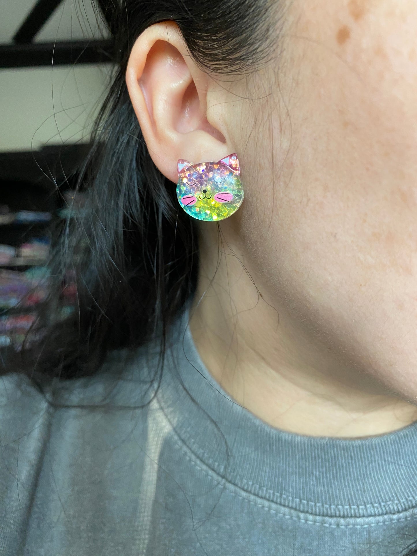 Sparkling Kitty Glitter Cat Stud Earrings Womens Girls Stud Earrings Gift