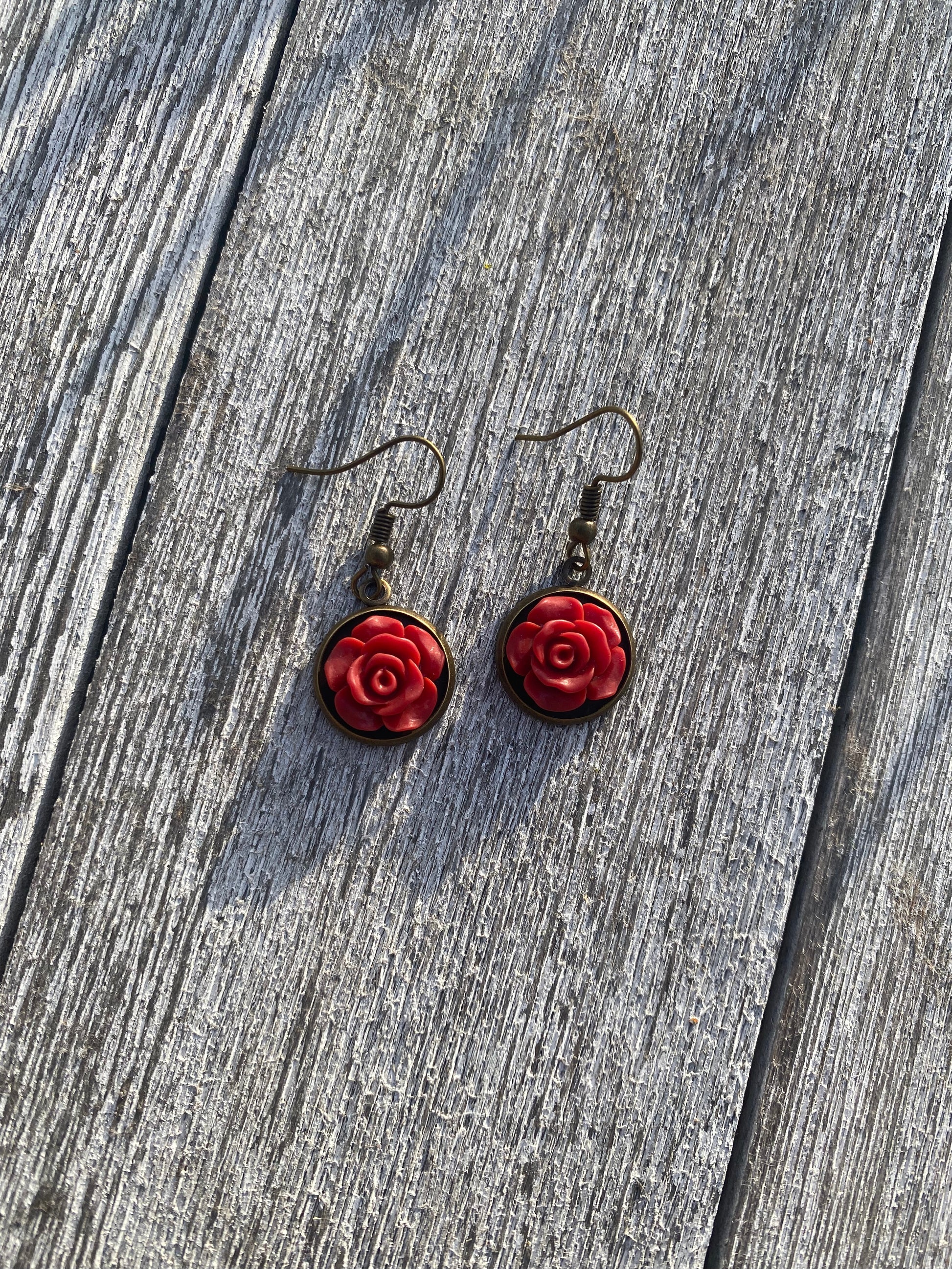 Framed Red Rose Dangle Earring Jewelry Gift 