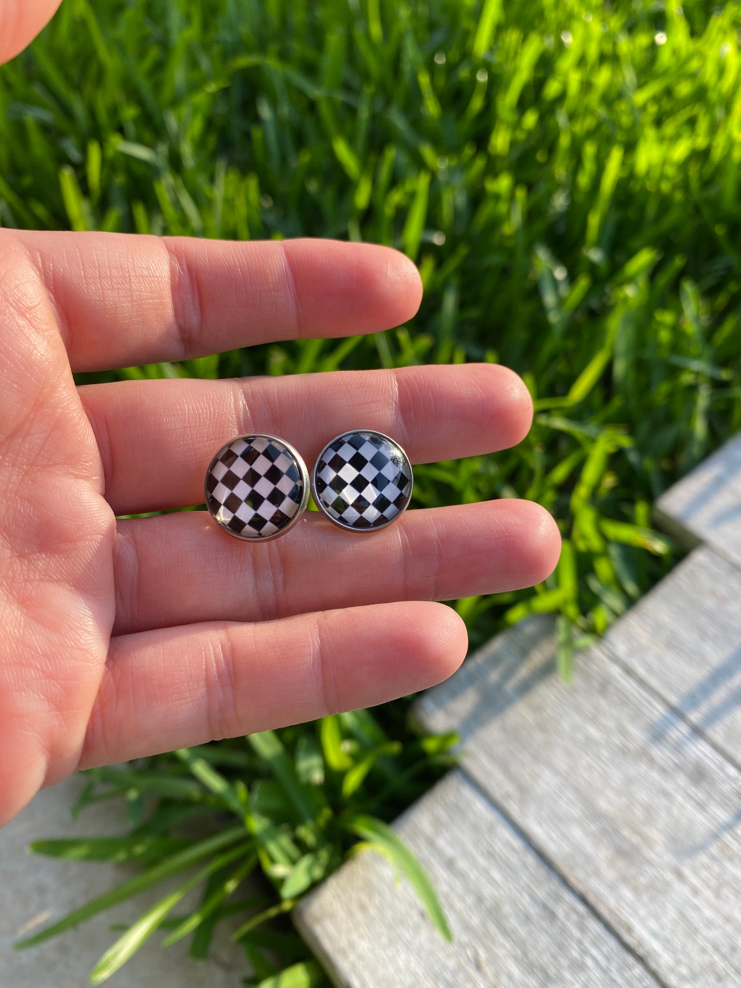 Checkered Black and White Stud Earrings
